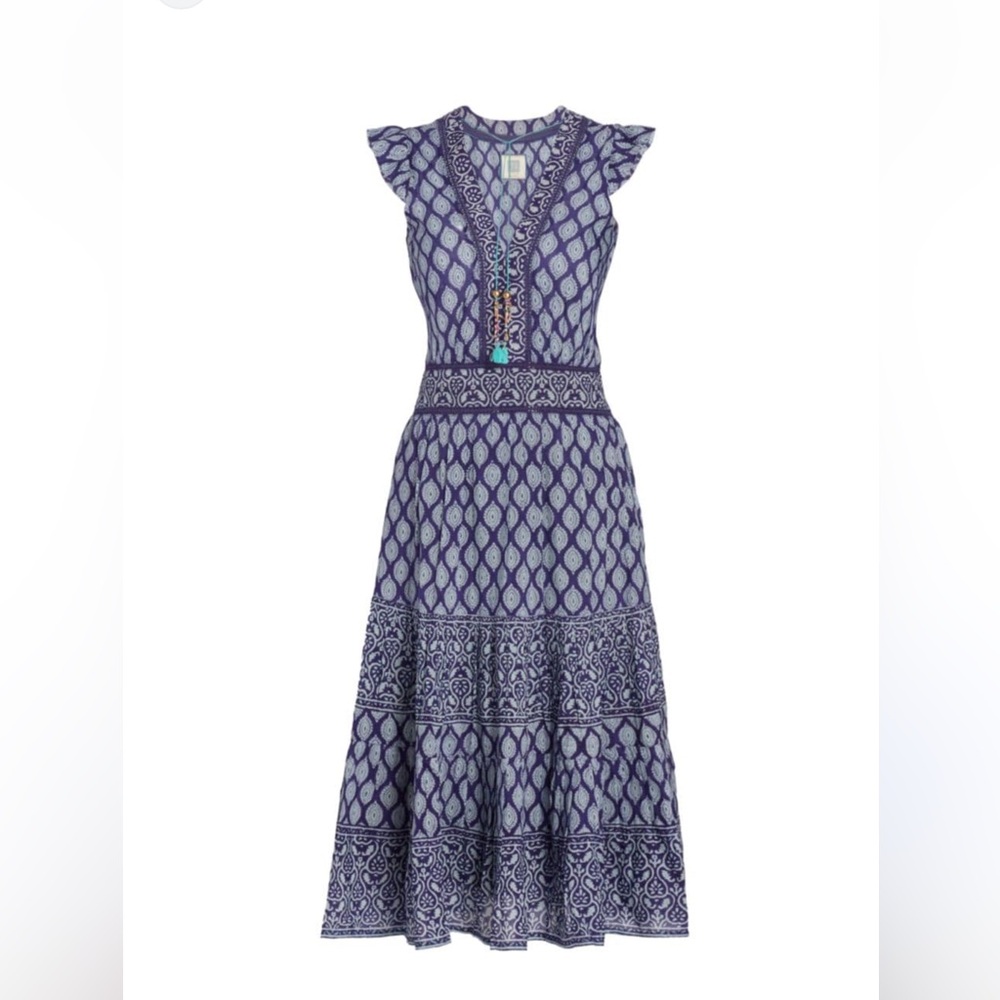 Bell | Annae Printed midi dress in blue motif |  Medium